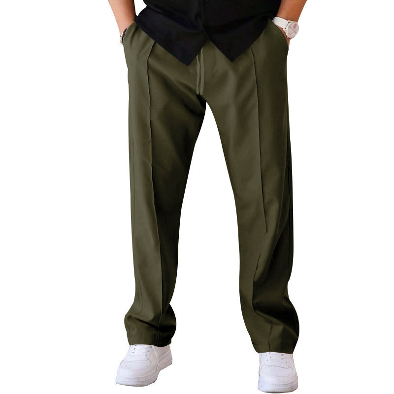 Men's Straight Cut Casual Pants with Drawstring, Crease and Side Pockets Mune Fashion