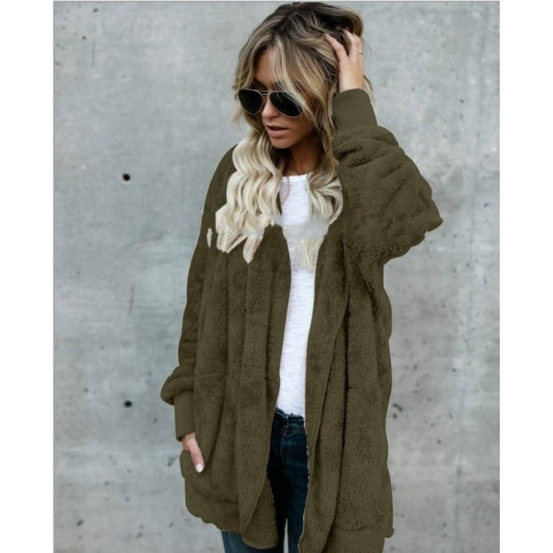 Women's Cozy Teddy Fleece Cardigan with Hood, Oversized Cut and Patch Pockets Mune Fashion