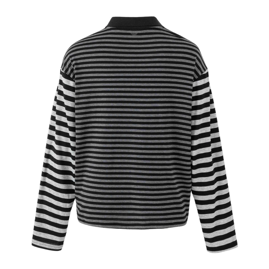 Women's Striped Long Sleeve Polo with Large Kent Collar, Print and Rhinestone Applications Mune Fashion