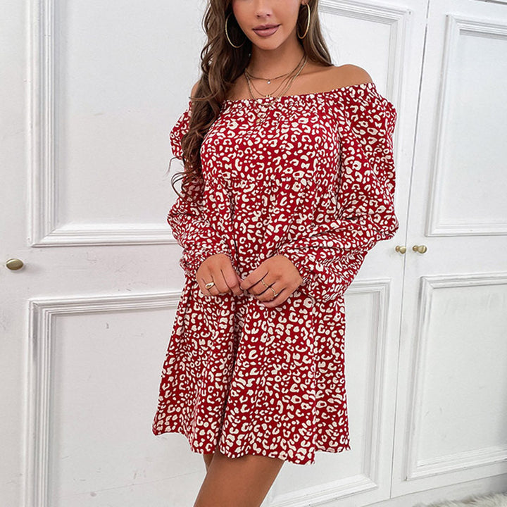 Women's Off-Shoulder Babydoll Mini Dress with Animal Print, Ruched Top and Long Sleeves Mune Fashion