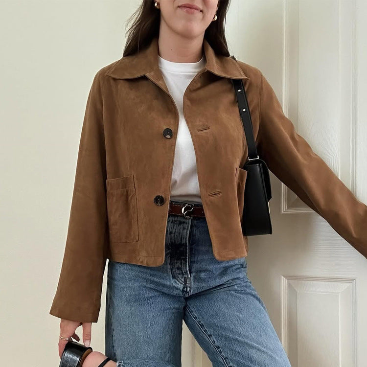 Women Short Cut Suede Jacket with Shirt Collar and Patch Pockets Mune Fashion