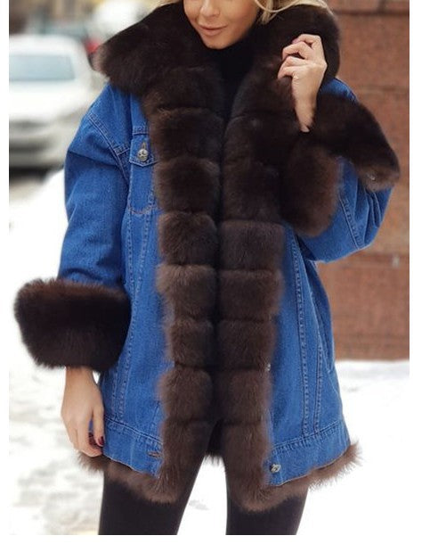 Women Oversized Denim Jacket with Voluminous Faux Fur Collar and Cuffs Mune Fashion
