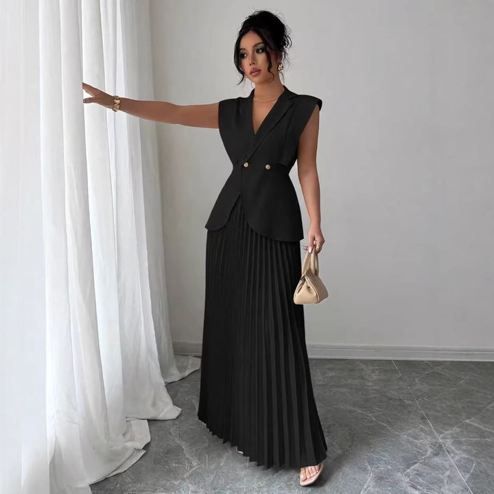 Women’s sleeveless fitted blazer set with pleated maxi skirt Mune Fashion