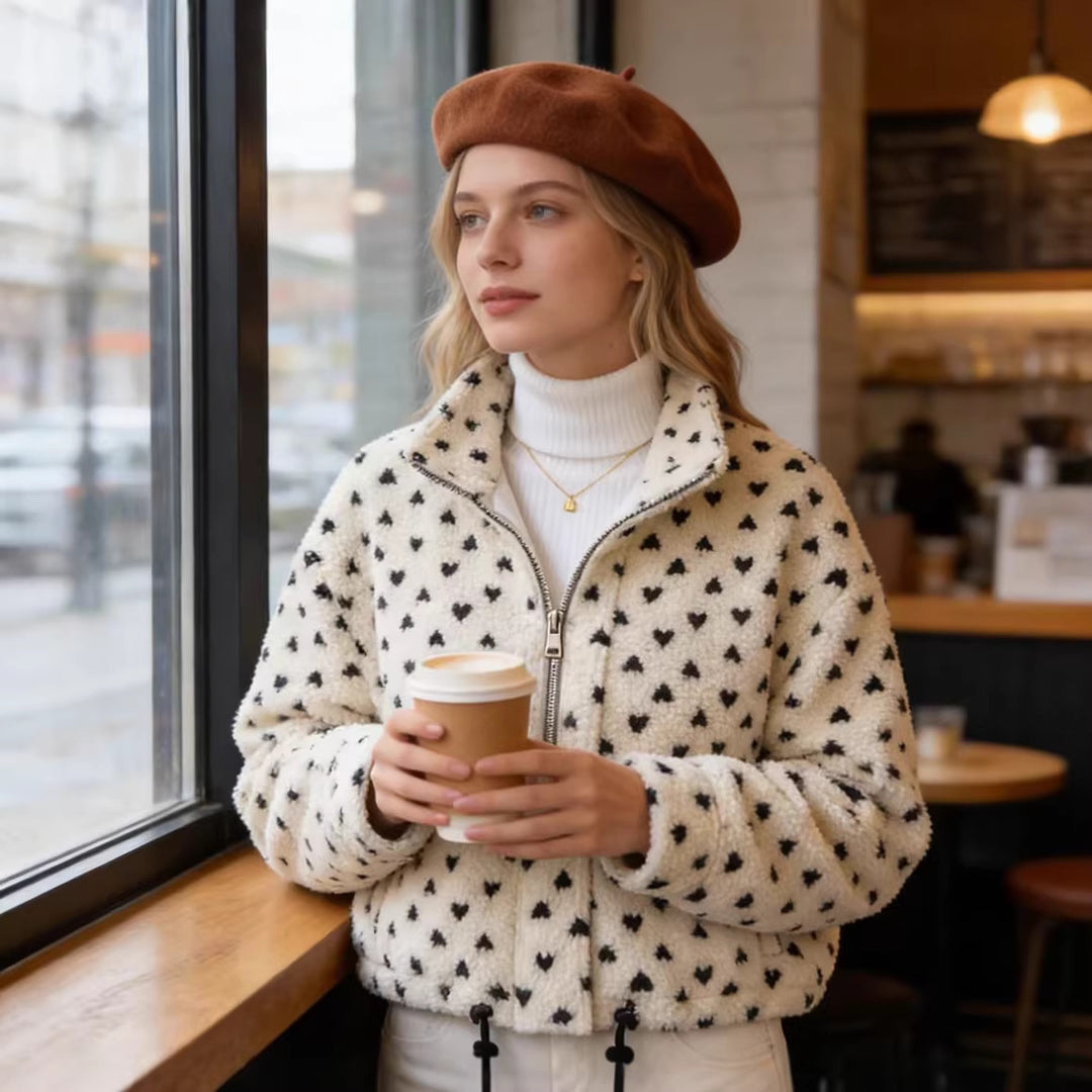 Women's teddy jacket with heart all-over, short boxy cut, stand-up collar and drawstring Mune Fashion