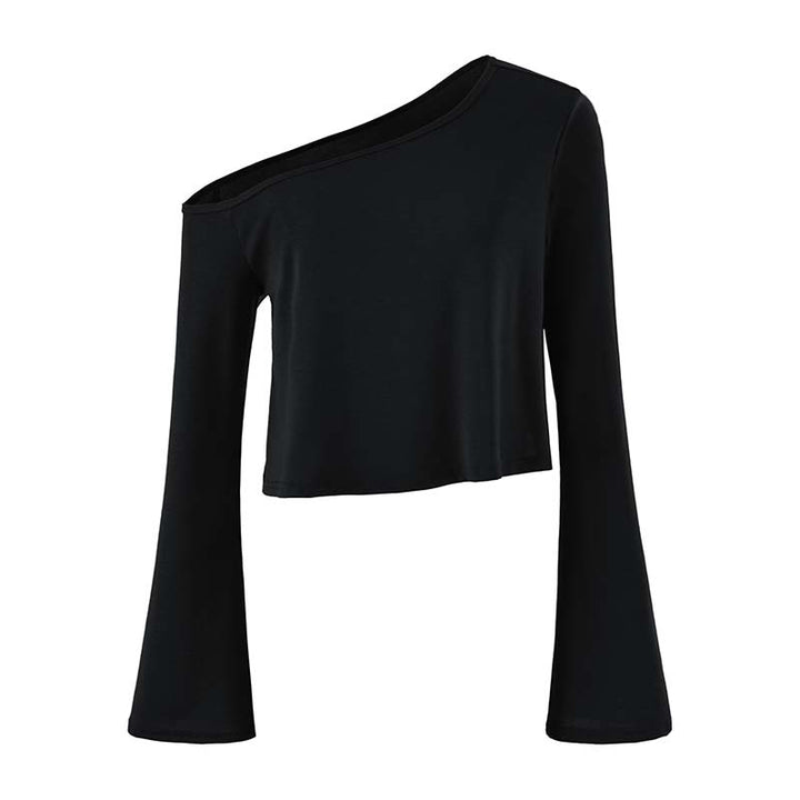 Women's Cropped Off-Shoulder Long Sleeve with Flared Trumpet Sleeves made of Jersey Mune Fashion