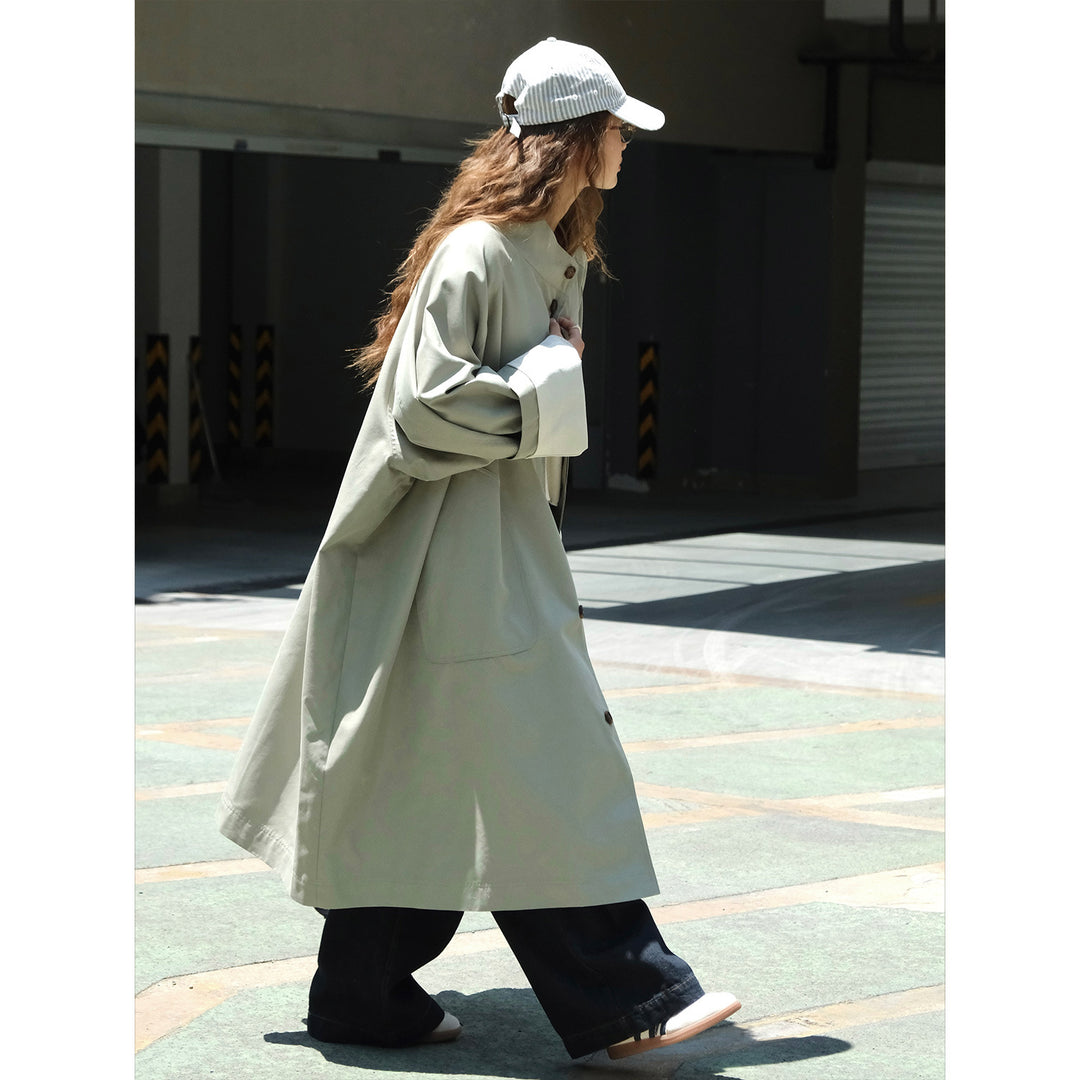 Women Oversized Trench Coat with Stand Collar and Extended Cut Mune Fashion