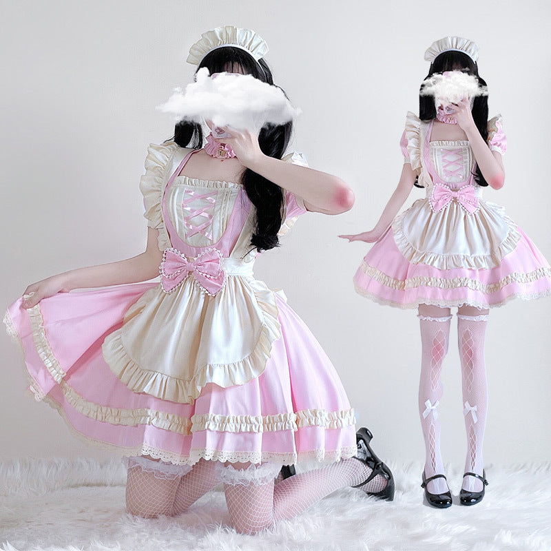 Ladies playful maid dress with ruffle details and satin accents Mune Fashion