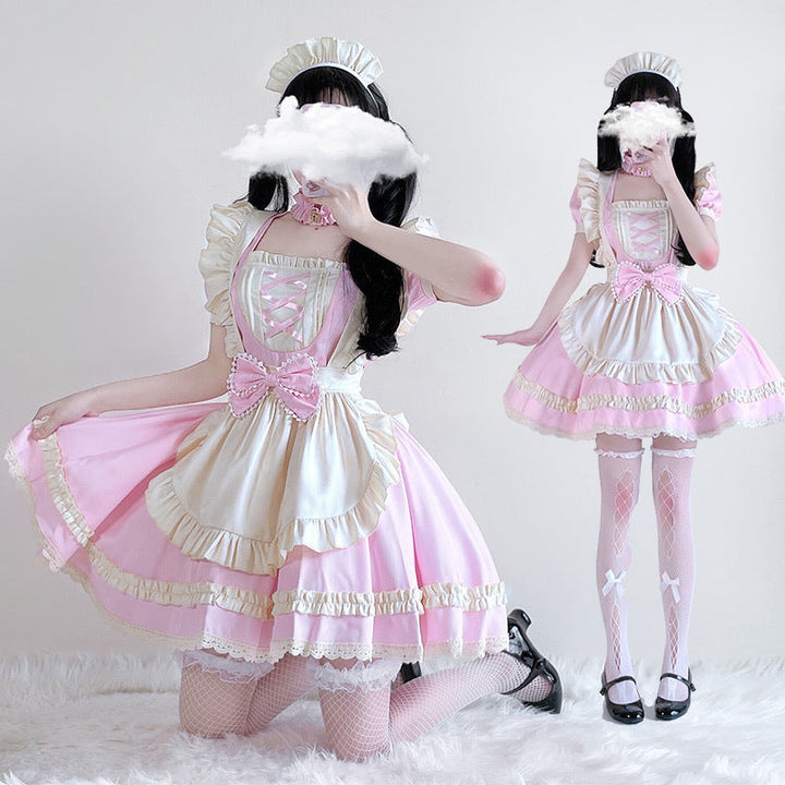 Ladies playful maid dress with ruffle details and satin accents Mune Fashion