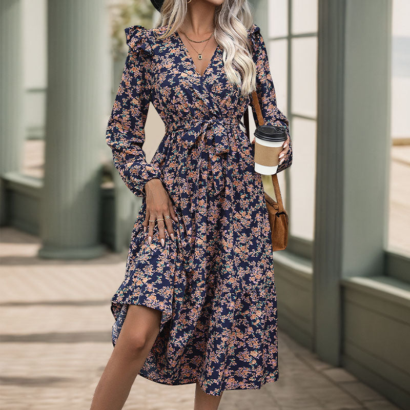 Women’s Wrap Midi Dress with V-Neck, Ruffle Shoulders & Waistband Mune Fashion