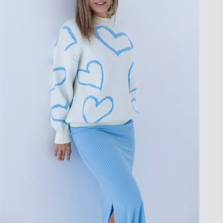 Women's Cozy Jacquard Sweater with Heart Motif and Loose Oversized Fit Mune Fashion