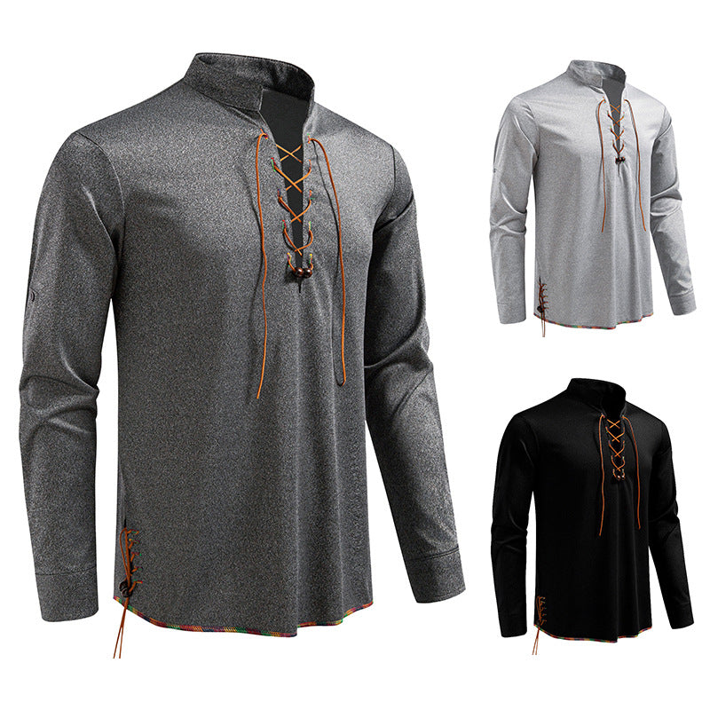 Men's Casual Cotton Long Sleeve Shirt with Lacing, Stand Collar and Roll-Up Sleeves Mune Fashion