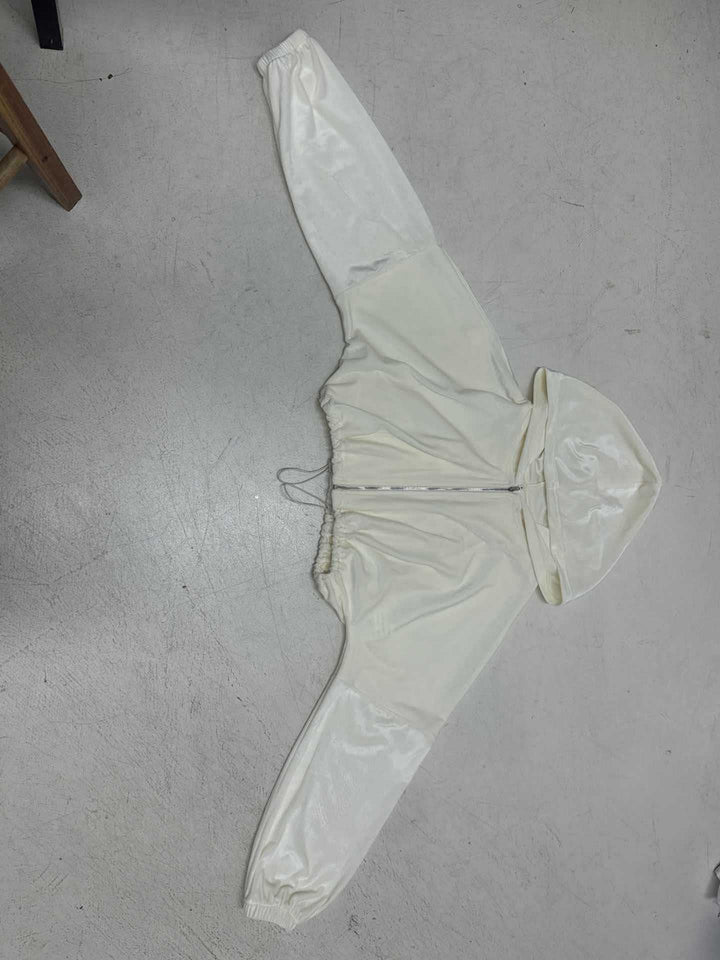 Women's cropped hoodie with drawstring at the waist, shiny satin look, front zipper and elastic cuffs Mune Fashion