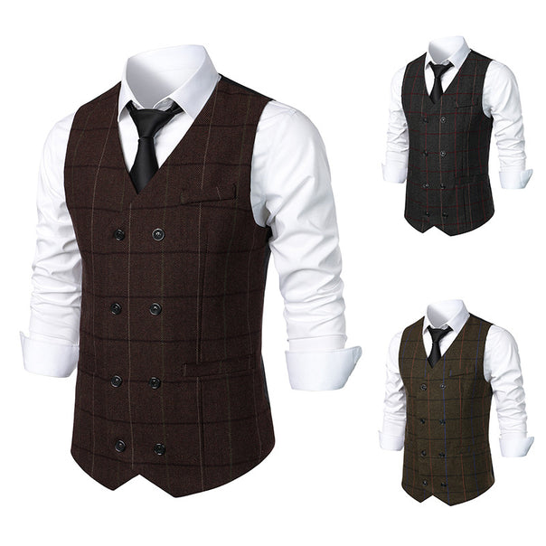 Men's Double-breasted Suit Vest with Window Pane and Herringbone Structure Mune Fashion