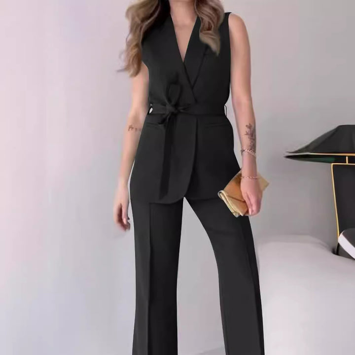 Women's Sleeveless Blazer Set with Tailored Tie Belt and High-Waist Flared Pants Mune Fashion