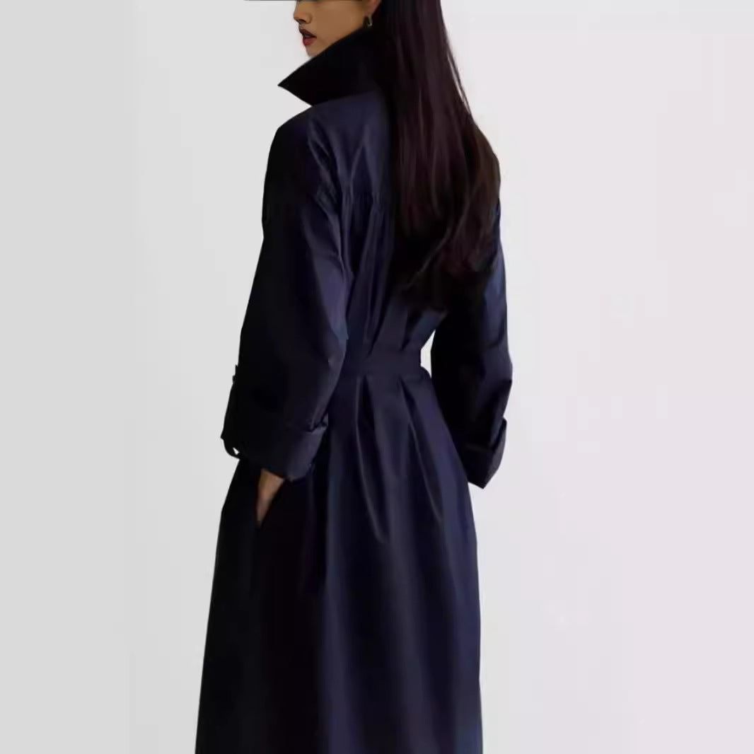 Women Long Sleeve Shirt Blouse Maxi Dress with Structured Shoulder Yoke and Tie Belt Mune Fashion