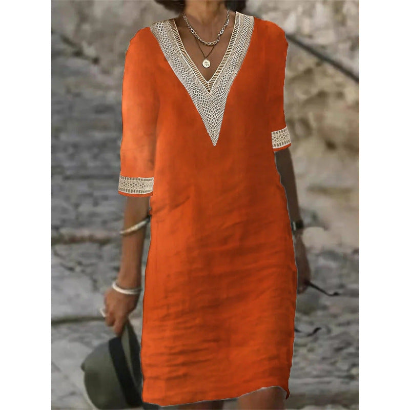 Women's Lightweight Linen Midi Dress with V-Neck and Crochet Lace Trim Mune Fashion