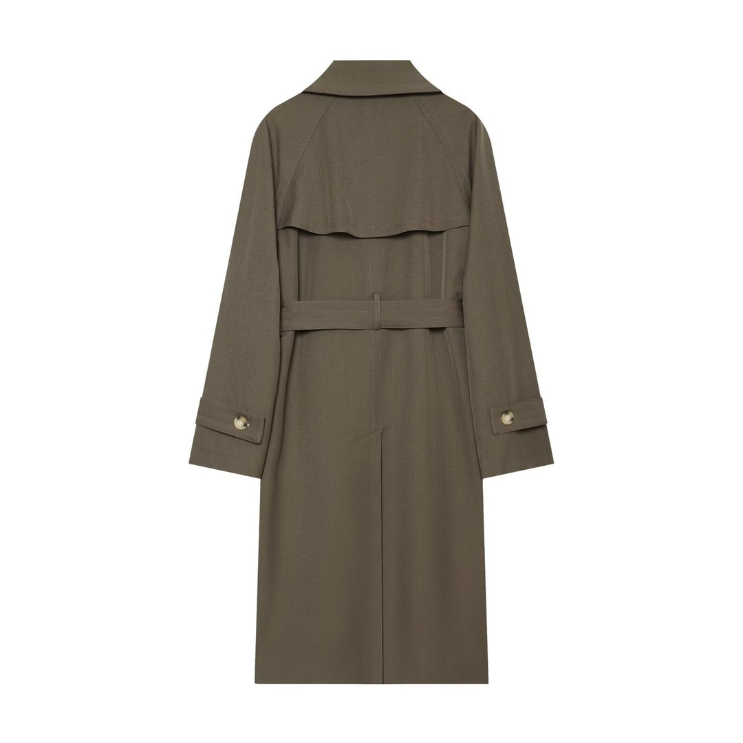 Ladies Longline Double-breasted Trench Coat with Waist Belt, Decorative Seams and Lapel Collar Drune