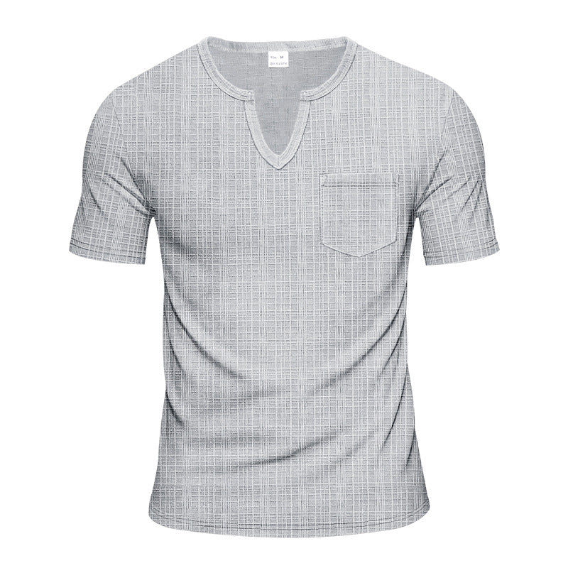 Men's short-sleeve shirt with V-slit neckline and patch chest pocket made of textured jersey Mune Fashion