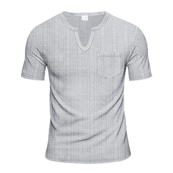 Men's short-sleeve shirt with V-slit neckline and patch chest pocket made of textured jersey Mune Fashion