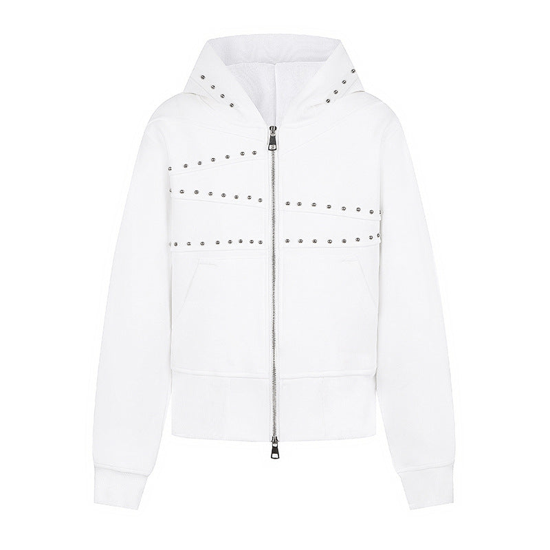 Women's hooded sweat jacket with studded accents, full-length zipper, and kangaroo pockets Mune Fashion