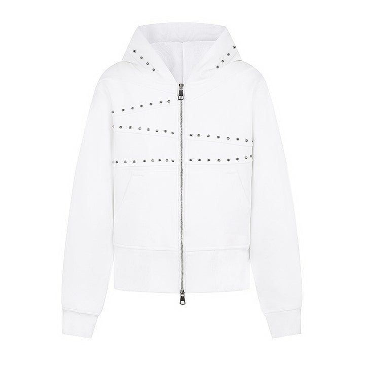 Women's hooded sweat jacket with studded accents, full-length zipper, and kangaroo pockets Mune Fashion