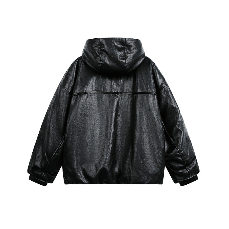 Men's Oversized Faux Leather Jacket with Hood and Zipper Mune Fashion