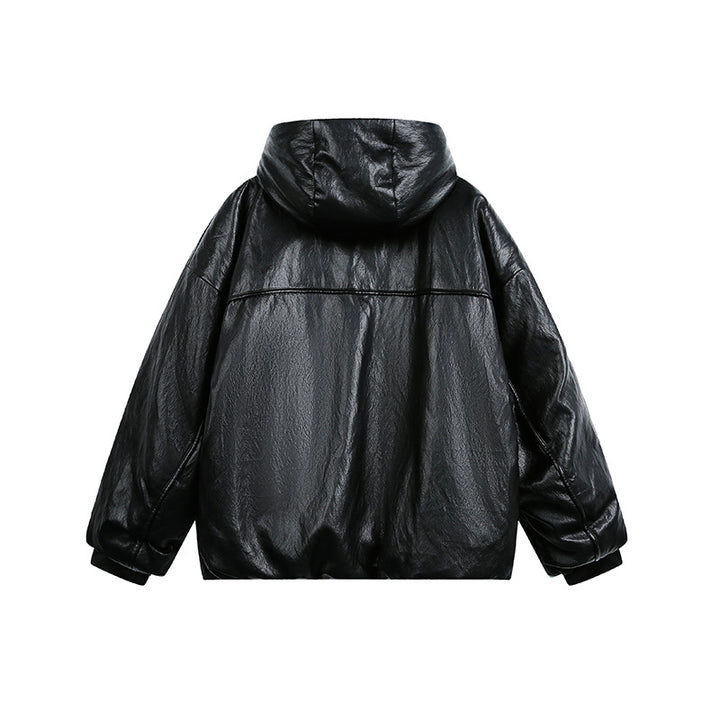Men's Oversized Faux Leather Jacket with Hood and Zipper Mune Fashion