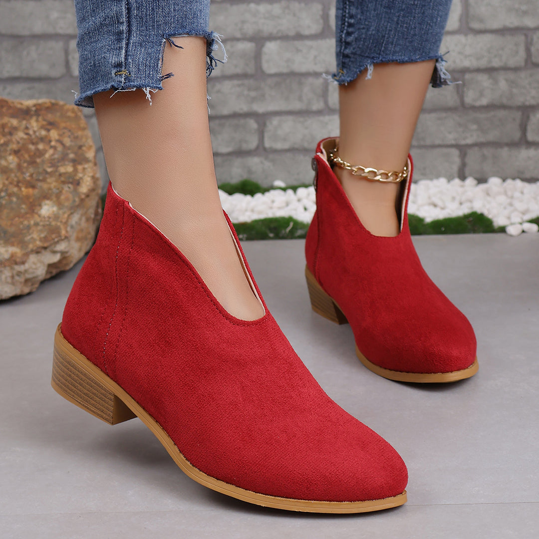 Ladies V-neck ankle boots made of suede look with side zipper and low wooden block sole Mune Fashion