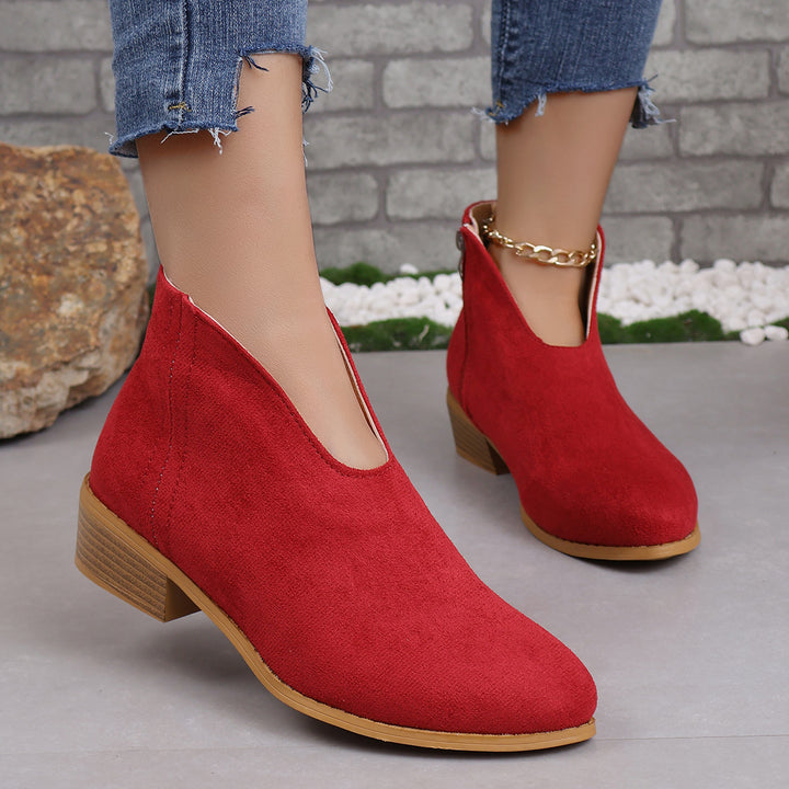 Ladies V-neck ankle boots made of suede look with side zipper and low wooden block sole Mune Fashion