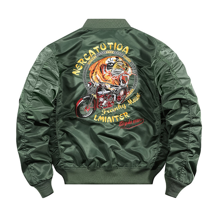 Men's Embroidered Nylon Bomber Jacket in Pilot Style with Tiger Motorcycle Design Mune Fashion