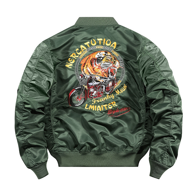 Men's embroidered nylon flight jacket with large tiger and motorcycle motif Mune Fashion