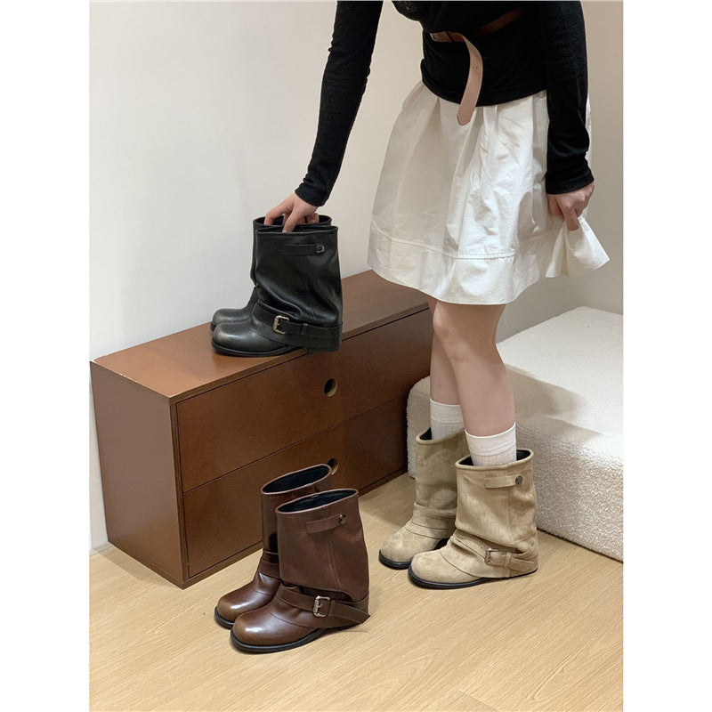 Women's Slouchy Biker Ankle Boots with Adjustable Buckle Strap and Round Toe Shape Mune Fashion