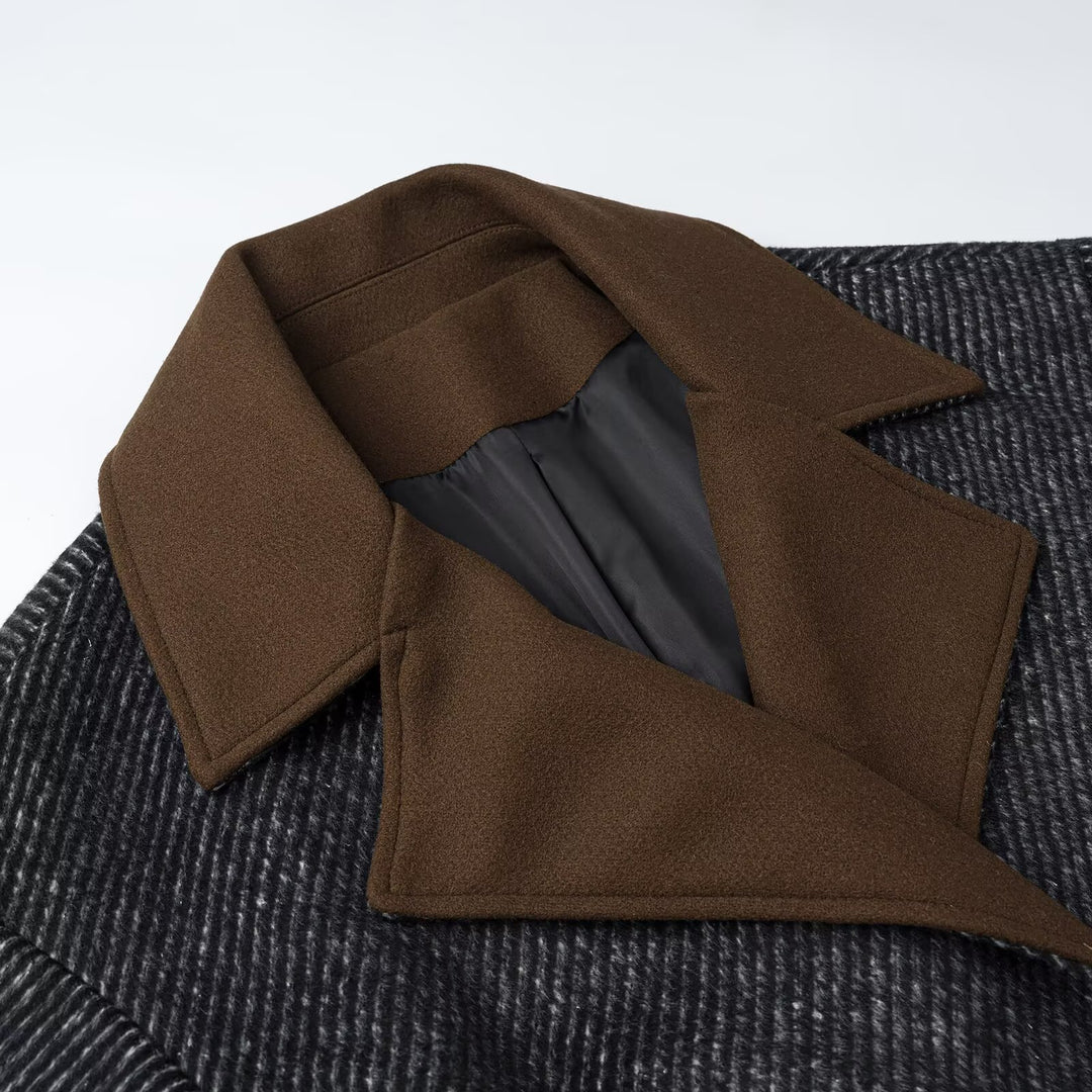 Women Long Wool Herringbone Coat with Tie Belt and Large Notched Collar Mune Fashion