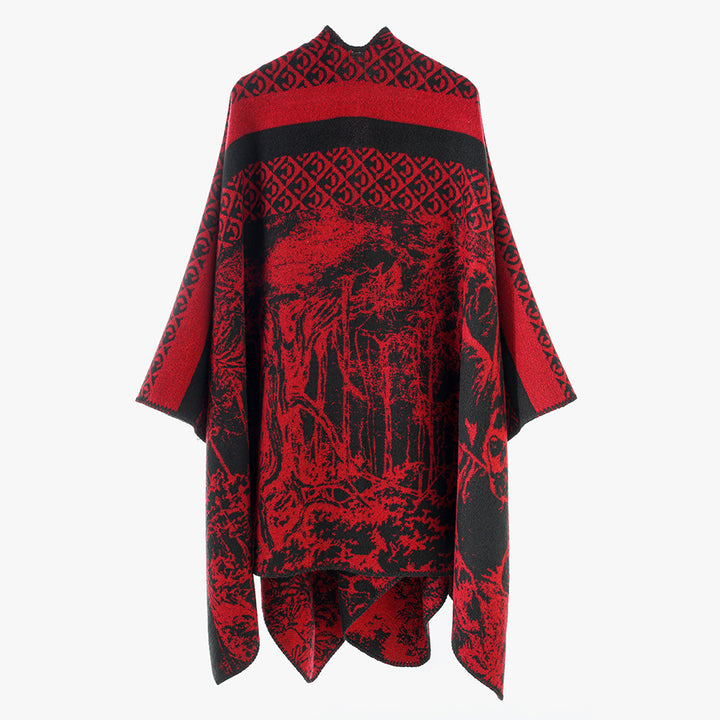 Women's Luxurious Jacquard Pattern Poncho with Asymmetrical Pointed Hem