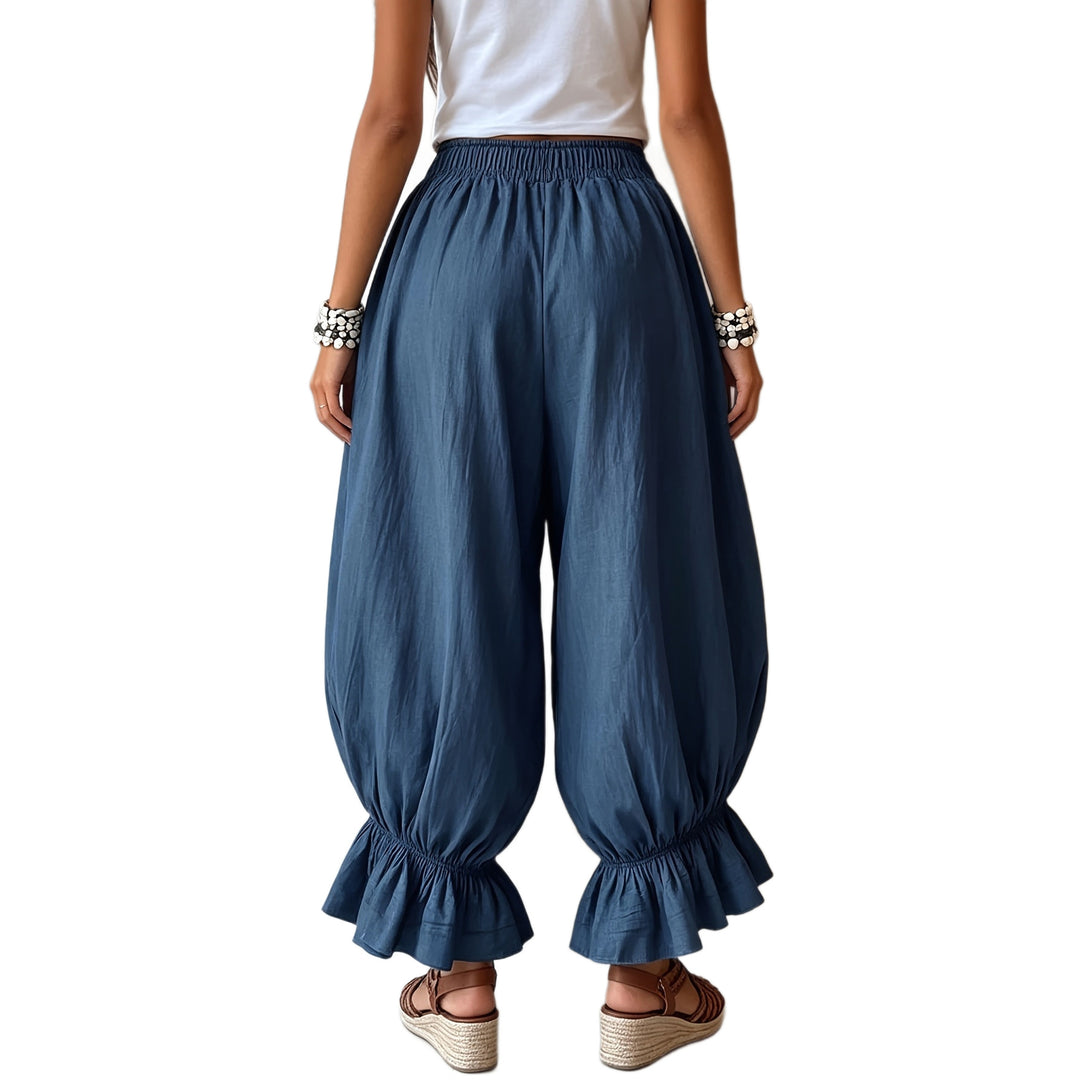 Women loose harem pants with elastic waistband, gathered legs and flounce hem Mune Fashion