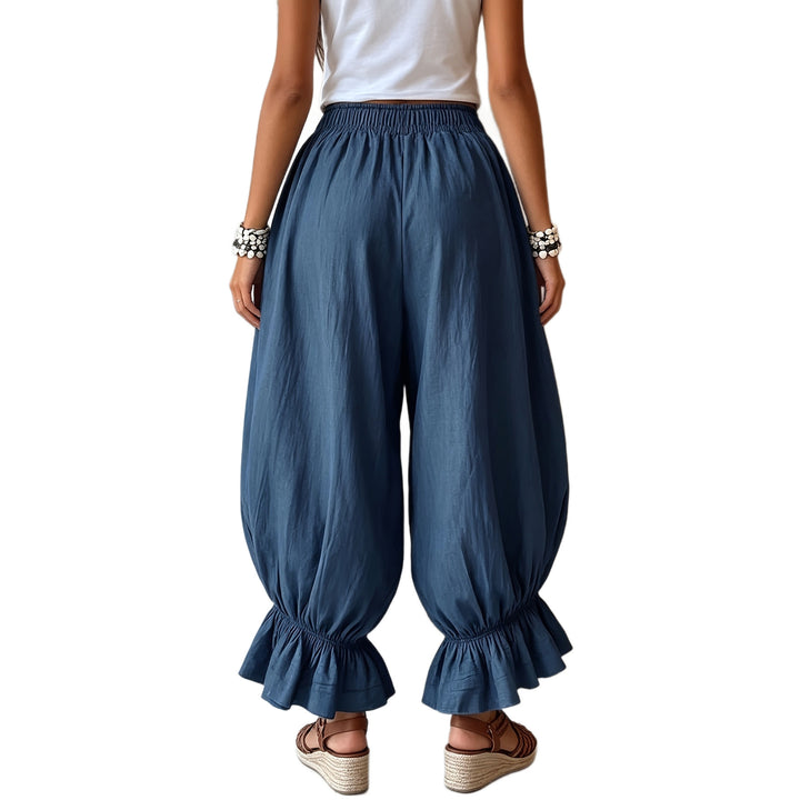 Women loose harem pants with elastic waistband, gathered legs and flounce hem Mune Fashion