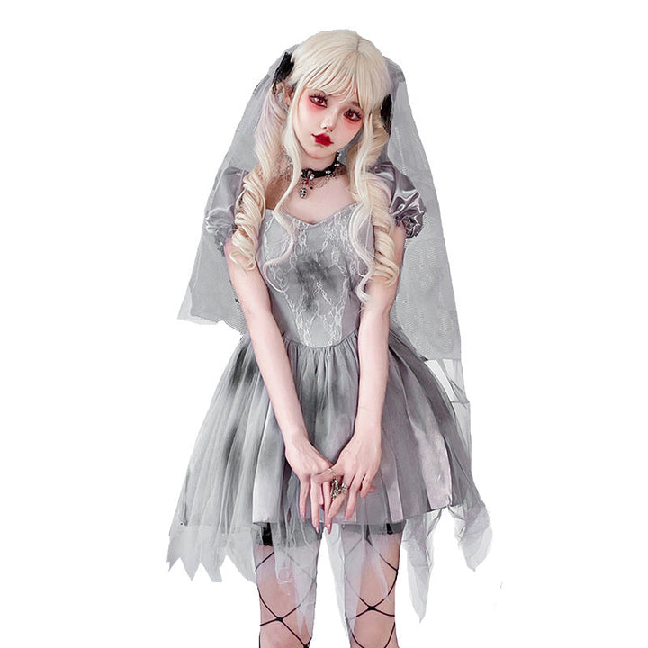 Women Gothic Wedding Dress with Tulle and Lace Decorations Mune Fashion