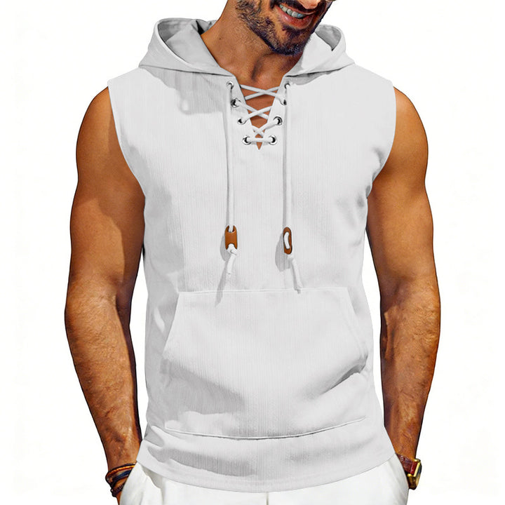 Men's sleeveless hooded vest with lace-up V-neck, kangaroo pocket, and casual fit Mune Fashion