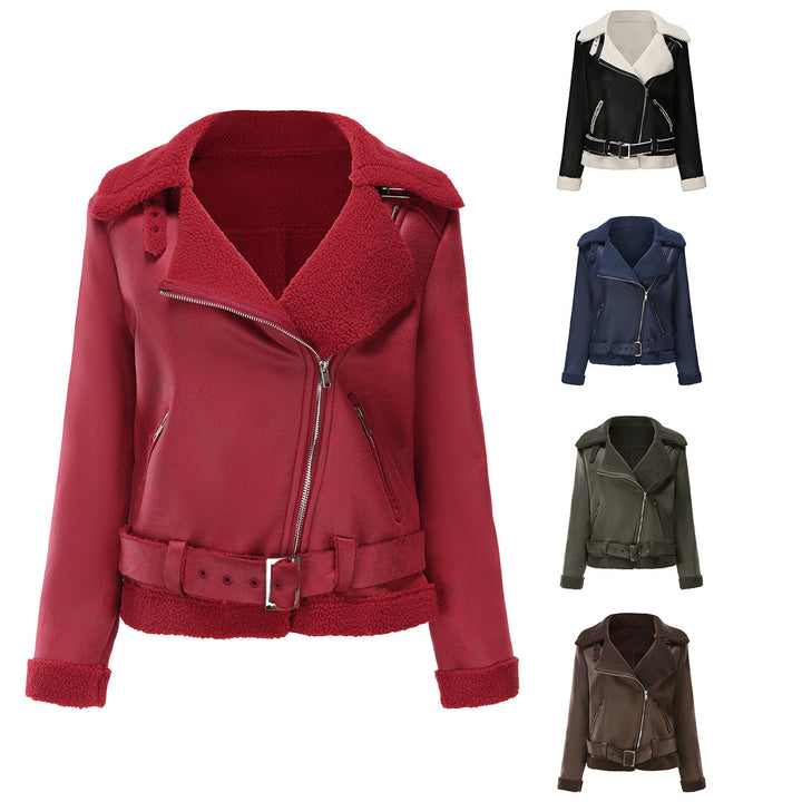 Women’s tailored lambskin imitation pilot jacket with belt and teddy lining Mune Fashion