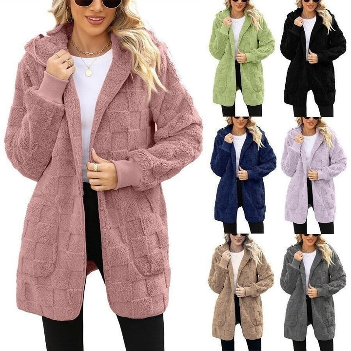 Women's cozy hooded long jacket made of teddy fleece with patch pockets and textured check pattern Mune Fashion