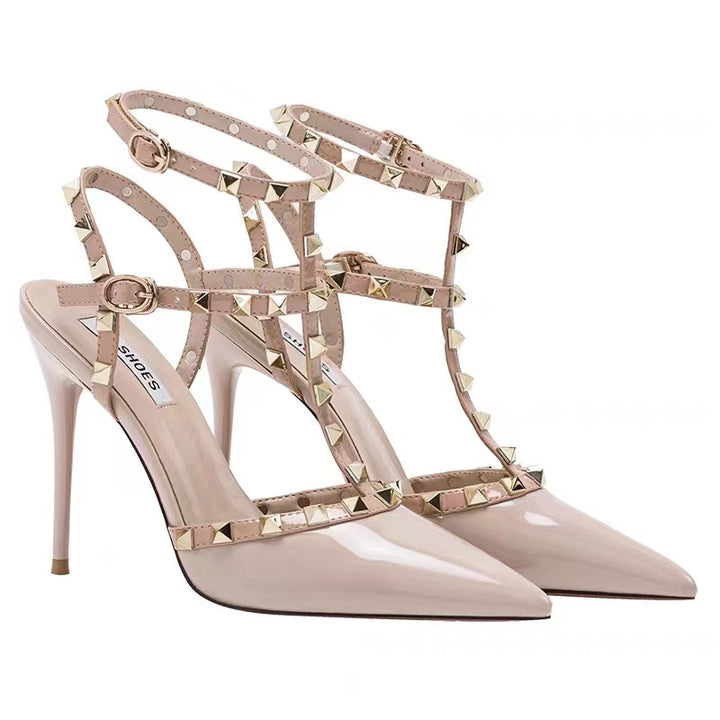 Women's Lace T-Strap Stiletto Sandal with Pyramid Studs and Adjustable Ankle Strap Mune Fashion