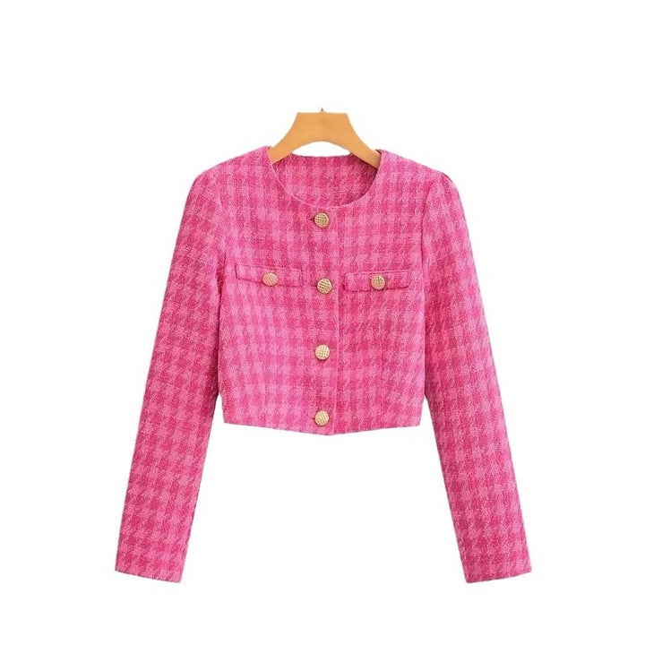 Women's short blazer made of bouclé tweed with a boxy cropped silhouette and collarless design Mune Fashion