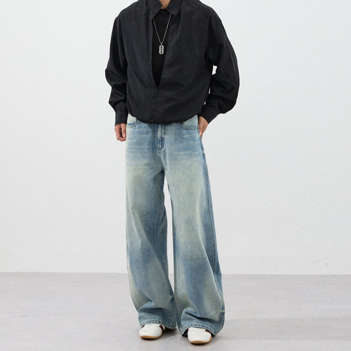 Men's Extra Wide Two-Tone Denim Palazzo Pants with Block Panels and Deep Crotch Mune Fashion