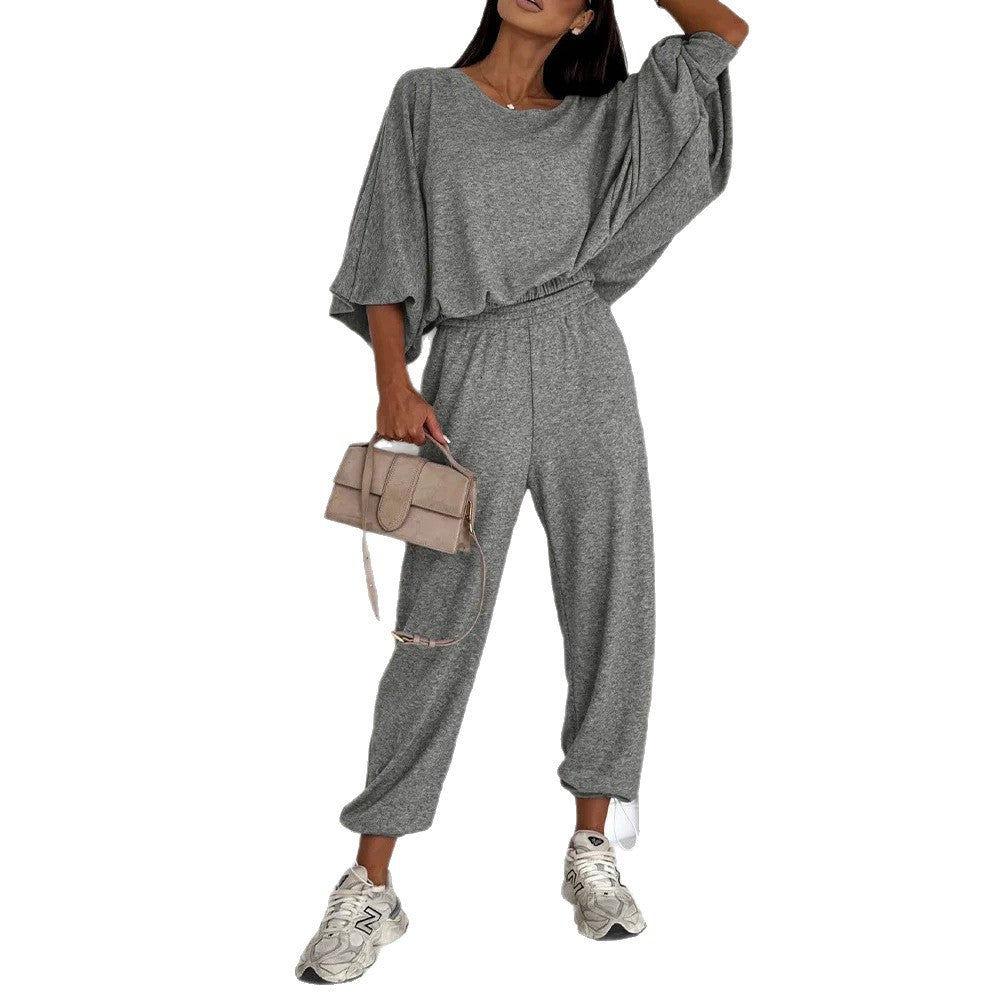 Women Casual Knit Lounge Set with Batwing Sleeves and High-Waist Jogger Pants Drune