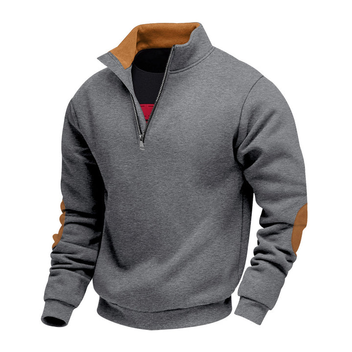 Men's nan Sweatshirt with half zipper, stand collar, and suede elbow patches Mune Fashion