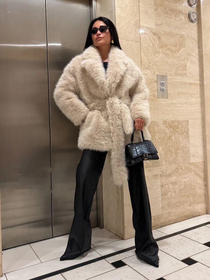 Women Boxy Short Coat made of extra fluffy high pile with wrap belt Mune Fashion