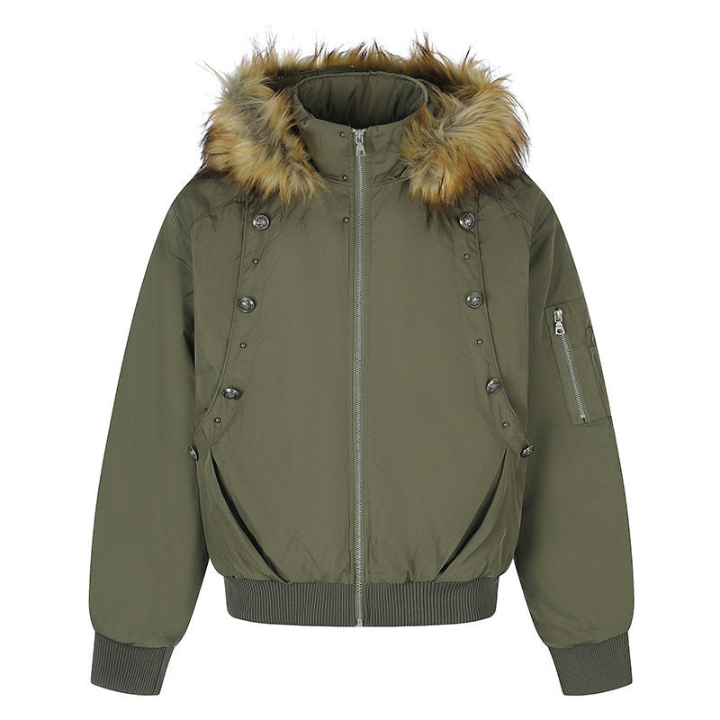 Women's short-cut bomber jacket with faux fur hood and eyelet application Mune Fashion