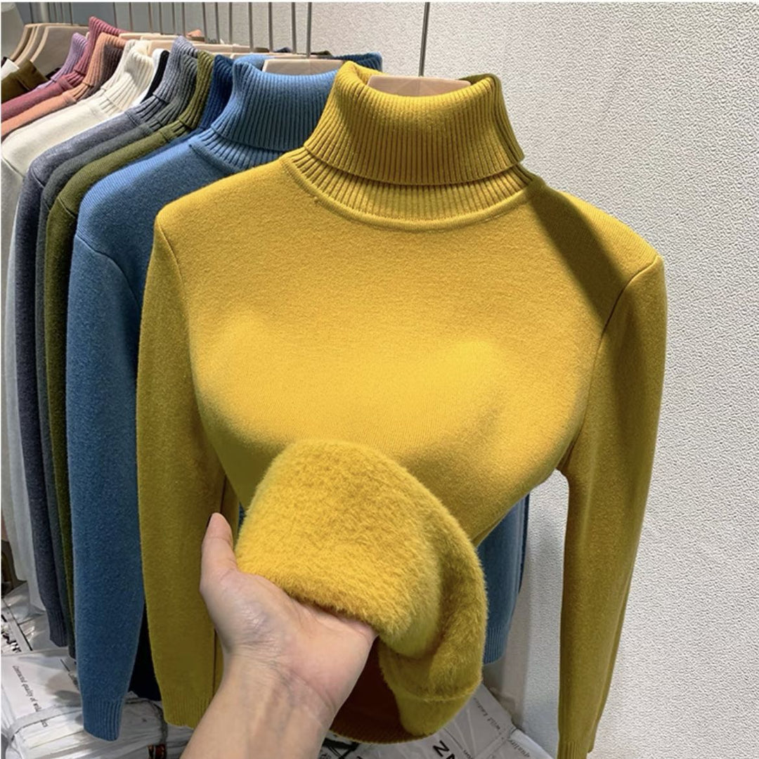 Women's fine knit turtleneck sweater with warming inner lining and slim silhouette Mune Fashion