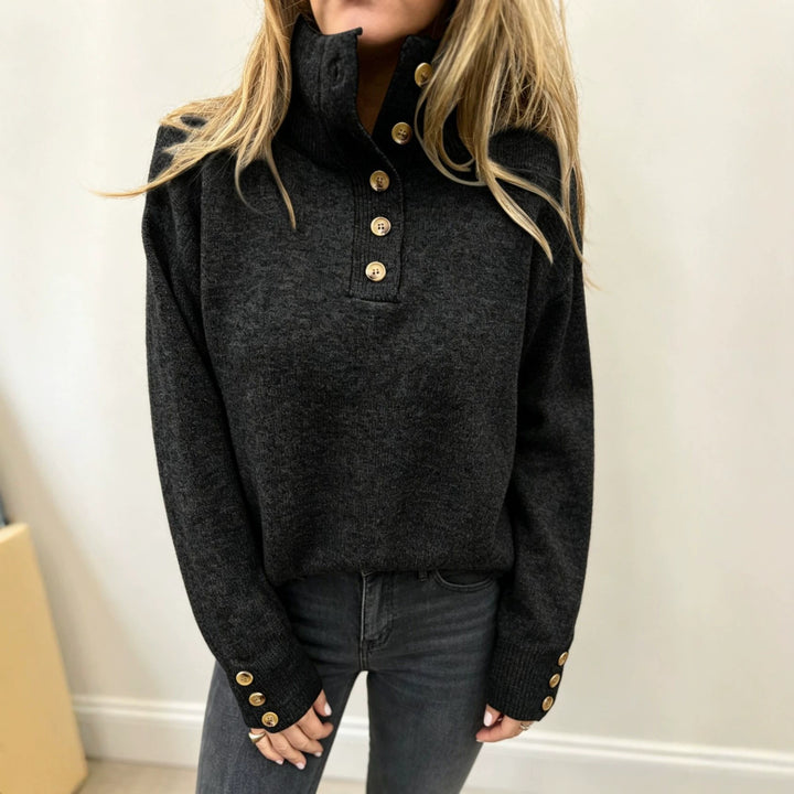 Women's knit sweater with high button collar, decorative front placket and decorative buttons Mune Fashion