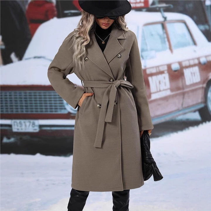 Women's double-breasted wool coat with belt and wide lapel collar Mune Fashion